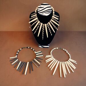 Horn & Carved Bovine Bone Spike Necklace Kenyan Artisan Beaded Choker Brass NWOT